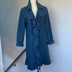 Sharon Young Turquoise Blue Wool Ruffled Long SweaterCoat‎ Large